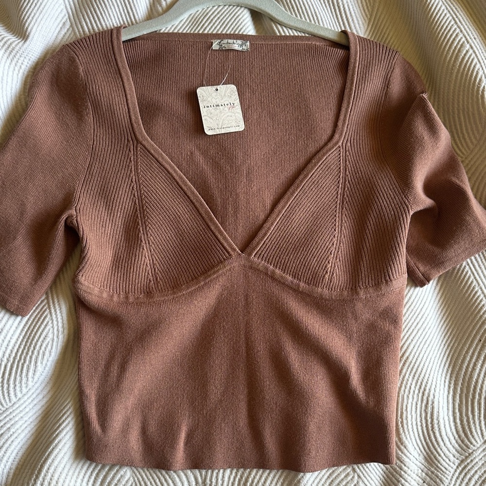 Free People Ribbed V-Neck Crop Top in Dusty Rose Brown